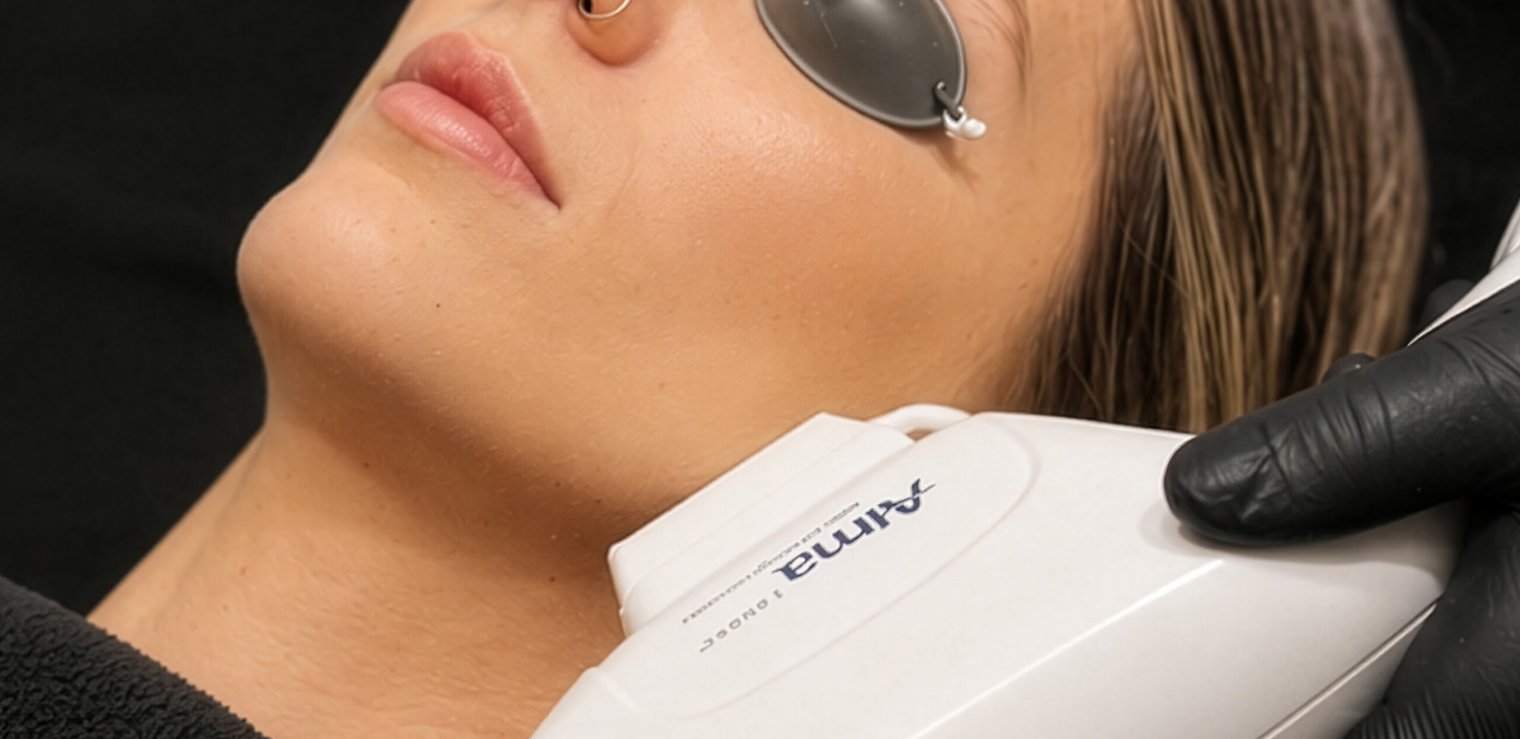 AFT photorejuvenation treatment on a woman's cheek with a protective eye shield and a white laser handpiece in a clinical setting